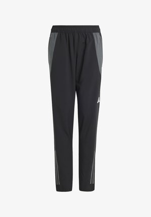 Zwarte sportbroek met een grijze zijpaneel, elastische tailleband en reflecterende accenten. Gemaakt van een lichtgewicht en flexibele stof.