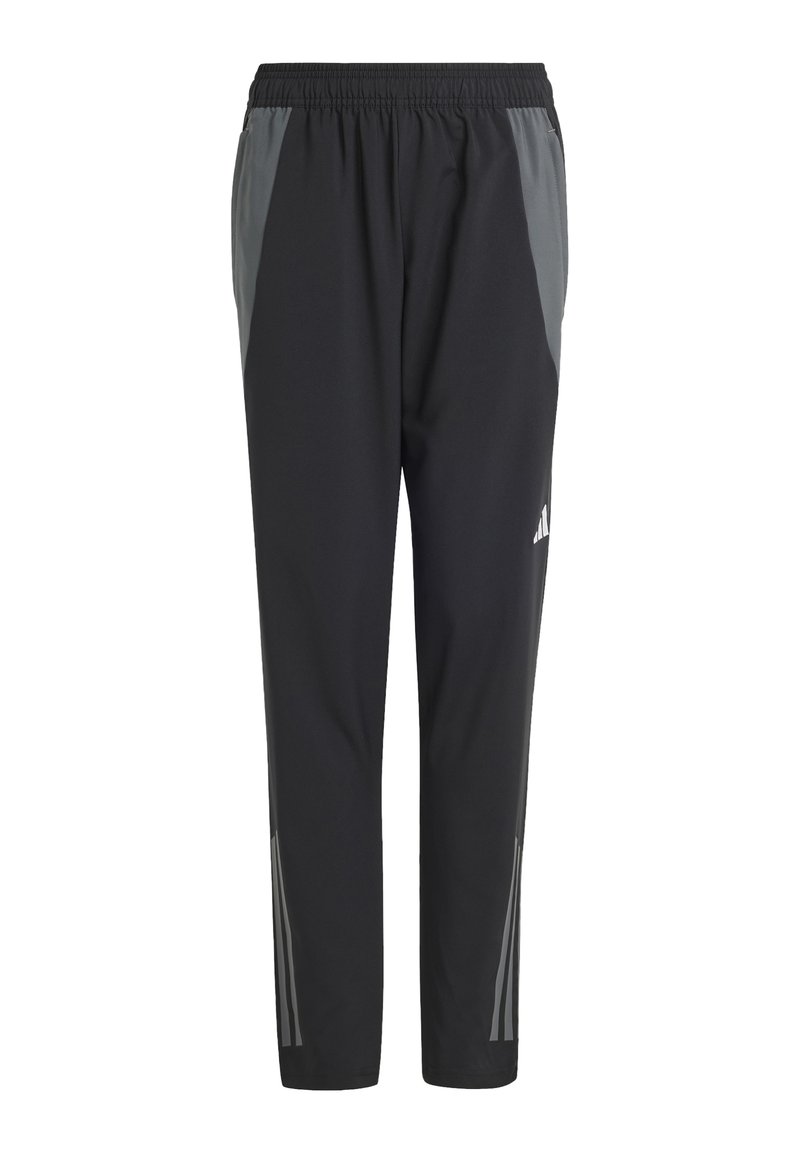 Zwarte sportbroek met een grijze zijpaneel, elastische tailleband en reflecterende accenten. Gemaakt van een lichtgewicht en flexibele stof.