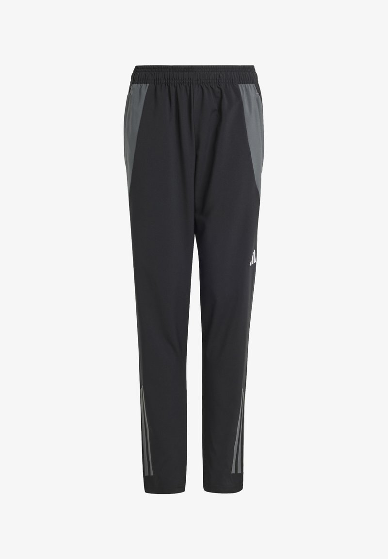 Schwarze Sporthosen mit grauem Seitenstreifen, elastischem Bund und reflektierenden Akzenten. Hergestellt aus einem leichten, flexiblen Material.