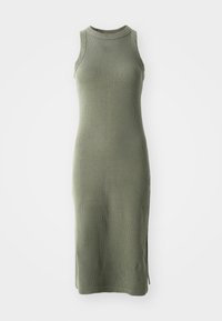 Knit sleeveless dress in olive green, featuring a high neckline, ribbed texture, and side slits for ease of movement.