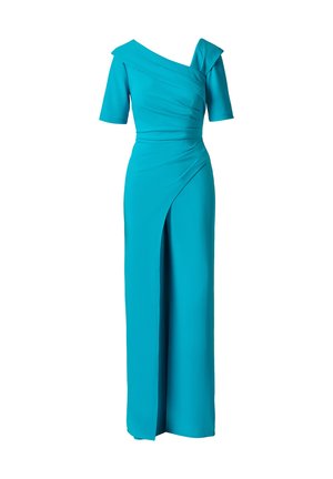 Turquoise one-shoulder evening gown with short sleeves, ruched waist, and front slit extending to the floor-length hem.
