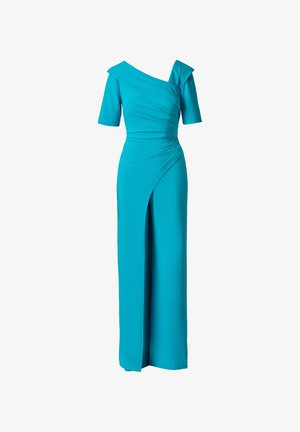 Turkusowa suknia wieczorowa na jedno ramię z krótkimi rękawami, marszczoną talią i przednim rozcięciem sięgającym do podłogowego dołu.