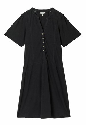 Black short-sleeve dress with a round neckline, five front buttons, and slightly gathered waist for a relaxed fit.
