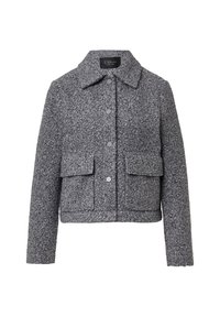 Giacca grigia con texture, colletto, chiusura anteriore con bottoni e due grandi tasche applicate sul davanti. Design corto e aderente.