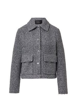 Veste grise texturée avec un col, fermeture à boutons sur le devant et deux grandes poches plaquées à l'avant. Design court et ajusté.
