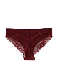 Bordeaux kant ondergoed met bloemmotieven, met een zachte gaaslichaam en golvende kantafwerking langs de randen. Gladde stof tailleband.