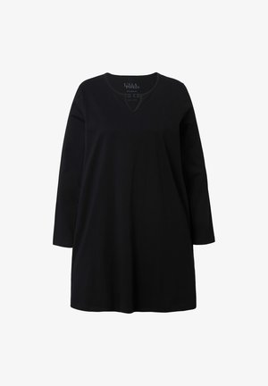 Tunika nera a maniche lunghe con scollo a V, realizzata in cotone morbido. Taglio dritto con dettagli minimi, caratterizzata da una texture semplice.