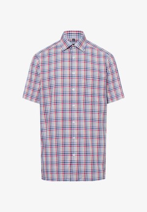 Korte mouwen knoopshirt met een geruit patroon in rood, blauw en wit. Gemaakt van geweven stof, heeft een zak en een normale kraag.