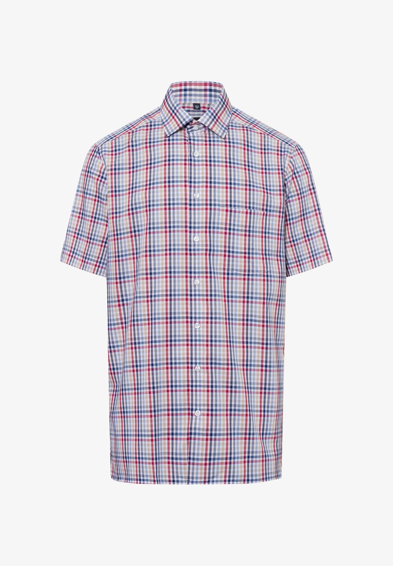 Kurzärmliges Hemd mit Knopfleiste und karierter Musterung in Rot, Blau und Weiß. Aus gewebtem Stoff gefertigt, verfügt es über eine Tasche und einen klassischen Kragen.