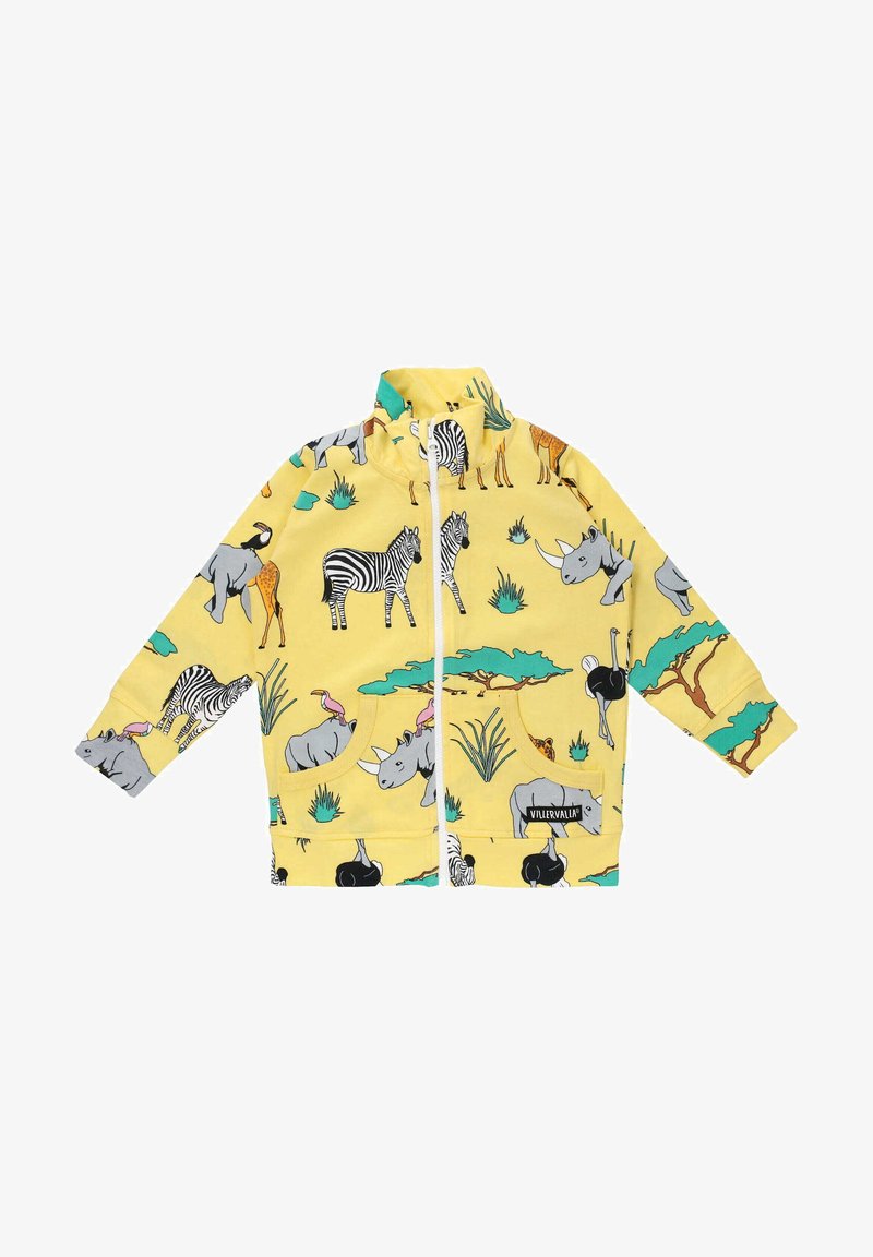 Geel ritsjack met dierenpatronen, waaronder zebra's, neushoorns en bomen. Gemaakt van zachte stof met twee zijzakken.