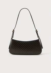 Black shoulder bag with a geometric pattern in gold. Features a curved shape, smooth leather material, and a single adjustable strap.