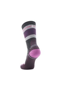 Striped sock in dark gray, purple, and light gray tones. Features a reinforced heel and toe, with pink and white accent stripes.