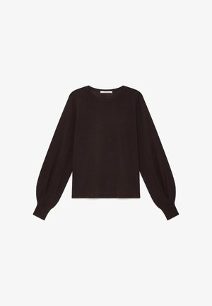 Haut noir en maille à manches longues avec un col rond et des manches bouffantes se terminant par des poignets ajustés.