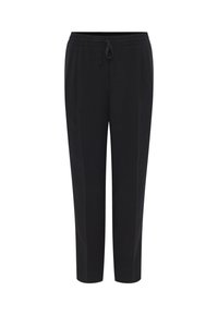 Pantalons noirs ajustés avec une taille élastique et un cordon de serrage. Fabriqués dans un tissu texturé, ils disposent de poches latérales et d'une finition lisse.