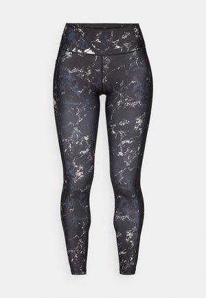 High-waisted leggings in a black base with a marbled pattern in muted colors. Smooth, stretchy material with contrast stitching and no visible hardware.