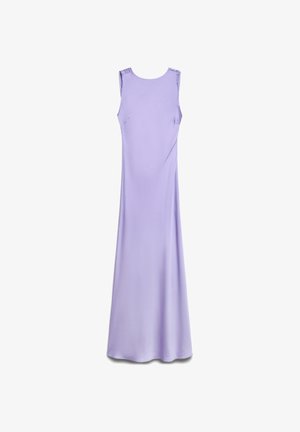 Sleeveless lavender evening gown with a high neckline, fitted bodice, and long flowing skirt, displayed on a white background.