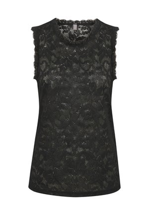 Schwarze Spitzen-Bluse ohne Ärmel mit floralem Muster, gewelltem Kragen und Saum. Hergestellt aus leichtem Stoff mit einer strukturierten Oberfläche.