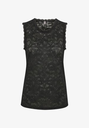 Blusa sin mangas de encaje negro con patrón floral, cuello y dobladillo de ondas. Confeccionada en una tela ligera, con un acabado texturizado.