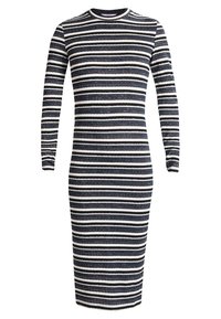 Robe en maille côtelée à manches longues avec des rayures horizontales bleu marine et blanches. Encolure ronde et silhouette ajustée. Longueur mi-mollet.