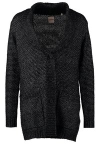 Cardigan en maille gris foncé avec trois boutons, deux poches avant et un col châle.