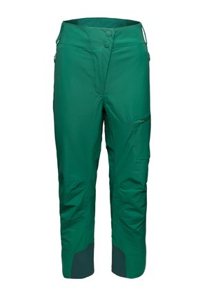 Groene buitenbroek met verstevigde enkellappen, dubbele knoopsluiting aan de voorkant en een ritssluiting op de cargozak aan de rechterdij.