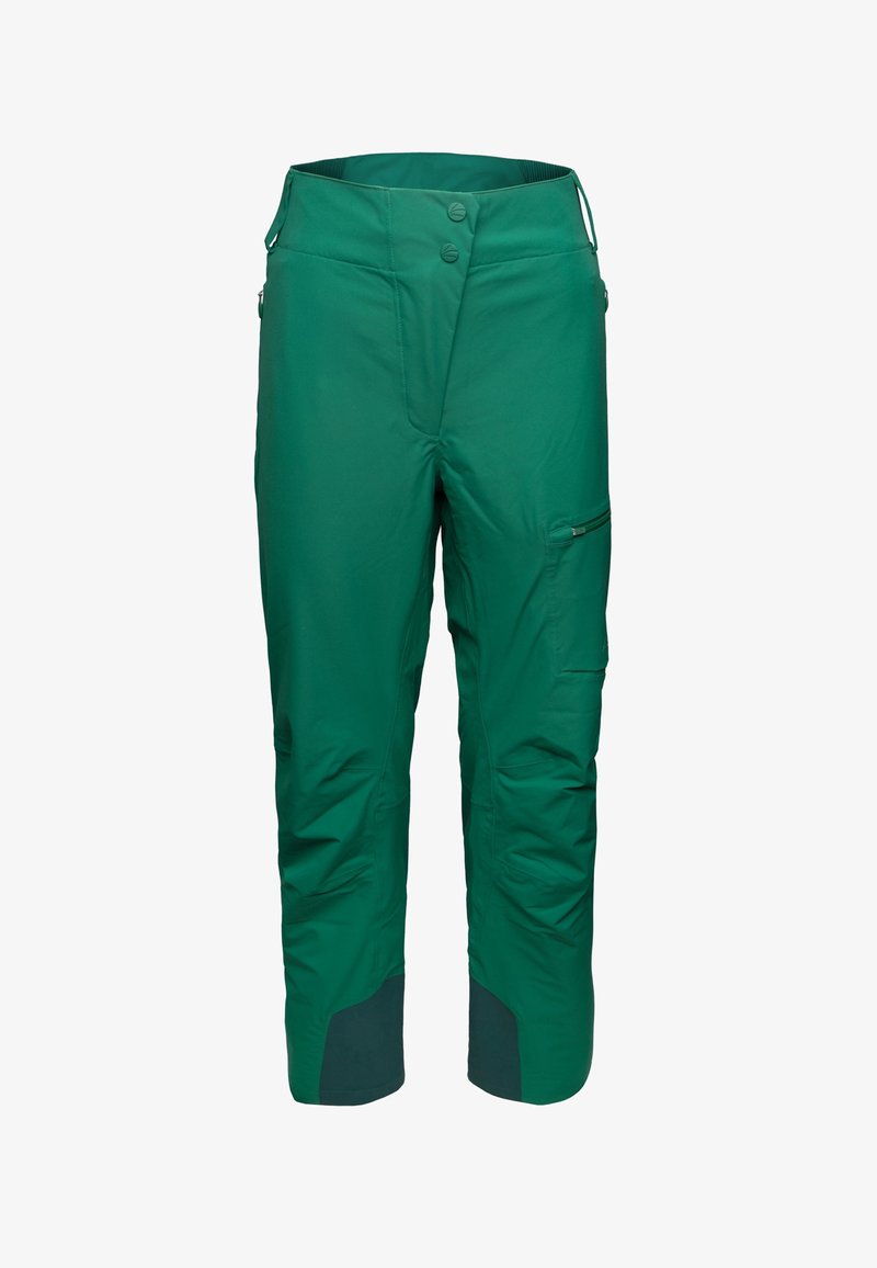 Pantalon de plein air vert avec renforts aux chevilles, fermeture avant à double bouton, et poche cargo zippée sur la cuisse droite.