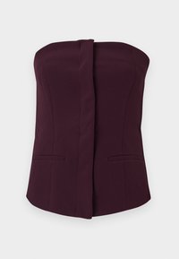 Burgundin värinen hihaton toppi, istuva malli, jossa on sileä pinta, ja kaksi etutaskua sekä suora kaula-aukko.