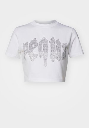 Vit kortärmad t-shirt i bomull med ett glänsande silverfärgat strassmönster framtill som har stiliserad text. Korta ärmar.