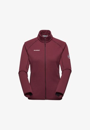 Burgunderröd fleecejacka med hög krage, dragkedja framtill och två sidofickor. Har logotyp på bröstet och kontrasterande sömmar. Stretchmaterial.