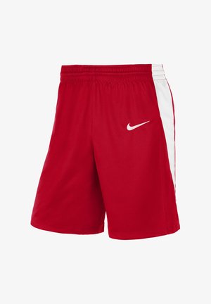 Shorts de sport rouges en tissu léger, avec un panneau latéral blanc et un petit logo Nike blanc en bas à gauche sur le devant.