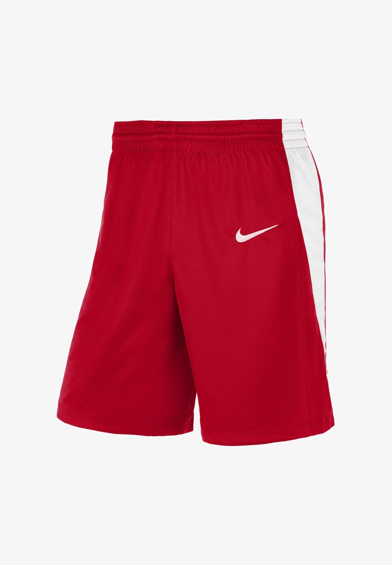 Rote Sportshorts aus leichtem Material, mit einem weißen Seitenstreifen und einem kleinen weißen Nike-Logo unten links auf der Vorderseite.