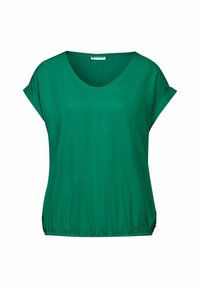 Grön kortärmad topp gjord av slät tyg. Har en rund halsringning och en elastisk nederkant för en avslappnad passform. Enkel, enfärgad design.