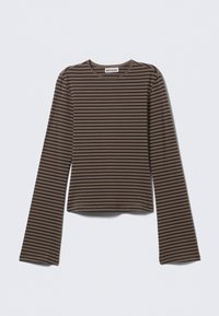 Braun und schwarz gestreiftes Langarmoberteil mit rundem Ausschnitt, aus einem weichen, dehnbaren Stoff; cropped Saum und figurbetontes Design.