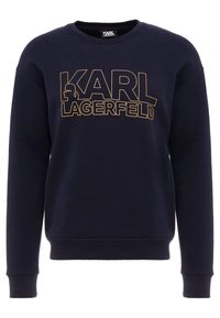 Granatowy sweatshirt wykonany z bawełny, z dużym złotym napisem "KARL LAGERFELD" oraz sylwetką profilu. Klasyczny krój z okrągłym dekoltem.