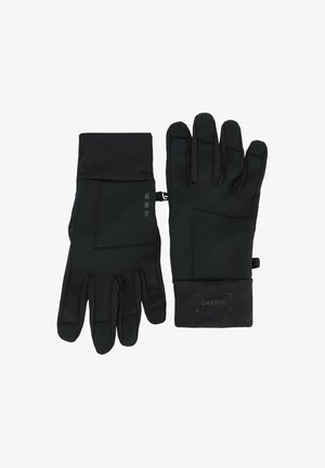 Guanti neri realizzati in materiale elastico con una texture liscia, dotati di un polsino aderente, cuciture e un logo nella zona del polso.