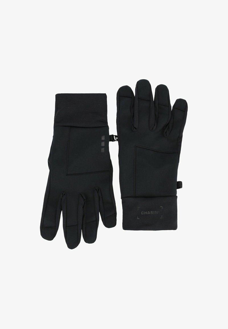 Rugalmas anyagból készült fekete kesztyűk sima textúrával, illeszkedő mandzsettával, varrattal és logóval a csukló területén.