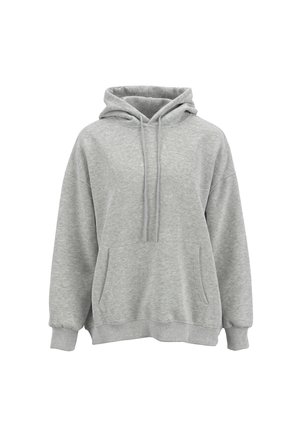 Lysegrå pullover-hoodie med frontlomme, justerbar snor i hætten, lange ærmer og ribkant ved manchetter og bund.