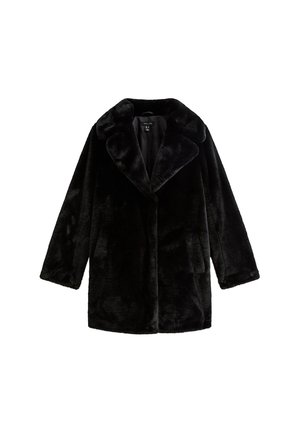 Cappotto in pelliccia sintetica nera con ampio colletto, maniche lunghe e taglio a metà lunghezza. Texture liscia, senza chiusure visibili e due tasche laterali.