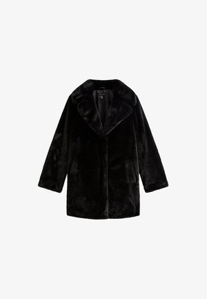 Schwarzer Kunstfellmantel mit breitem Kragen, langen Ärmeln und mittellanger Schnittform. Glatte Textur, keine sichtbaren Verschlüsse und zwei seitliche Taschen.