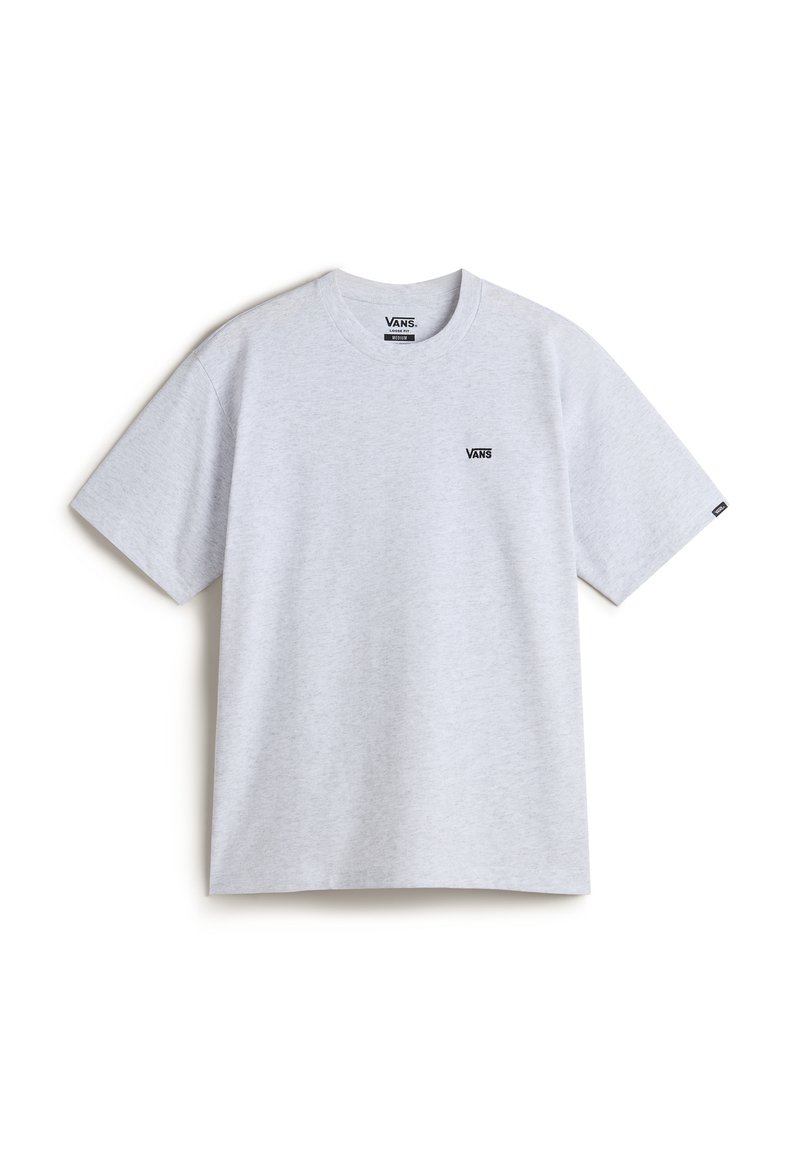 Gray cotton t-shirt with short sleeves, features a small black "VANS" logo on the chest, round neckline, and a relaxed fit design.