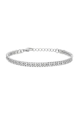 Silberfarbiges Curb-Kettenarmband mit verstellbaren Gliedern und Karabinerverschluss auf weißem Hintergrund.