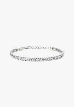 Silberfarbiges Curb-Kettenarmband mit verstellbaren Gliedern und Karabinerverschluss auf weißem Hintergrund.