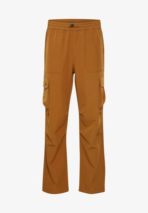 Cargo pants in a rich brown color, featuring an elastic waistband, drawstring, and multiple side pockets with a smooth texture.