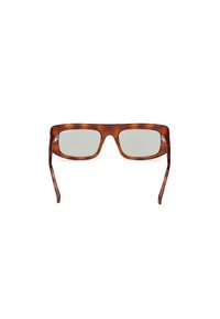 Occhiali da sole tartarugati marroni con montatura rettangolare e lenti grigie. Presentano stanghette dritte e eleganti e un logo discreto sui lati.
