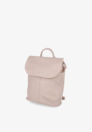 Soft light pink leather backpack with top handle, flap closure, and subtle front stitching, shown against a white background.