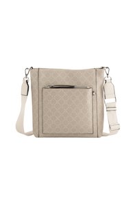 Sac à main beige en matériau texturé, présentant un motif géométrique, une poche zippée à l'avant et une sangle ajustable.