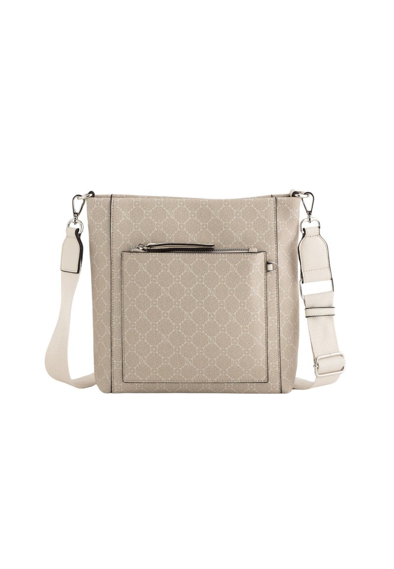 Sac à main beige en matériau texturé, présentant un motif géométrique, une poche zippée à l'avant et une sangle ajustable.