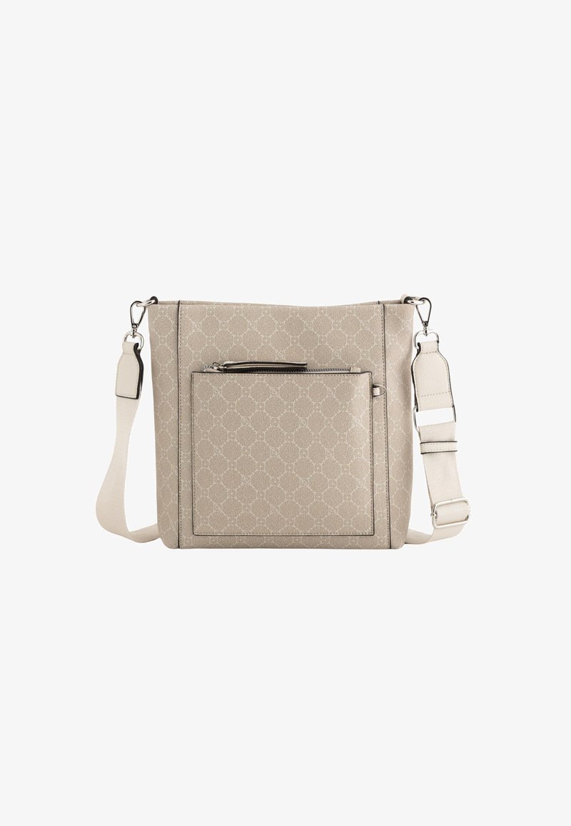 Beige handbag made of textured material, featuring a geometric pattern, a front zip pocket, and an adjustable strap.