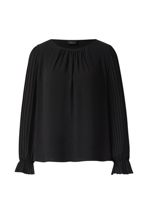 Zwarte blouse met lange geplooide mouwen, ronde halslijn en geraffineerde details op de schouders. Zachte stof met een vloeiende silhouet.