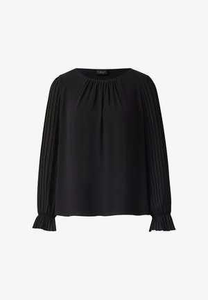 Zwarte blouse met lange geplooide mouwen, ronde halslijn en geraffineerde details op de schouders. Zachte stof met een vloeiende silhouet.